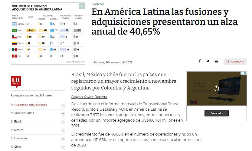 En América Latina las fusiones y adquisiciones presentaron un alza anual de 40,65%